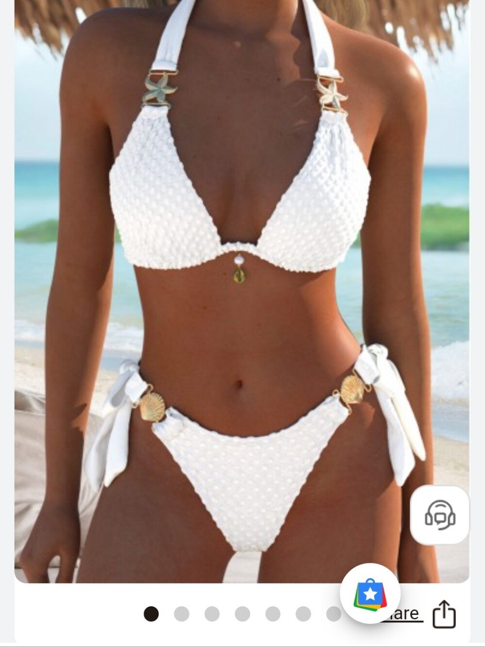 White Textured Halter Bikini Set with Shell Accents - Women Swim